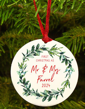 First Christmas As Mr And Mrs Personalised Mistletoe Christmas Decoration, 2 of 6