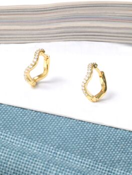 18 K Gold Vermeil White Topaz Wave Huggie Hoop Earrings, 3 of 10