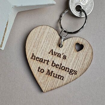 Personalised 'Heart Belongs To Mum' Wooden Keyring, 2 of 3