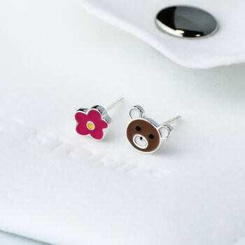 Sterling Silver Bear And Flower Stud Earrings, 4 of 5