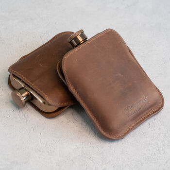 Brown Leather Cased Hip Flask 6oz In Silver / Copper, 3 of 10