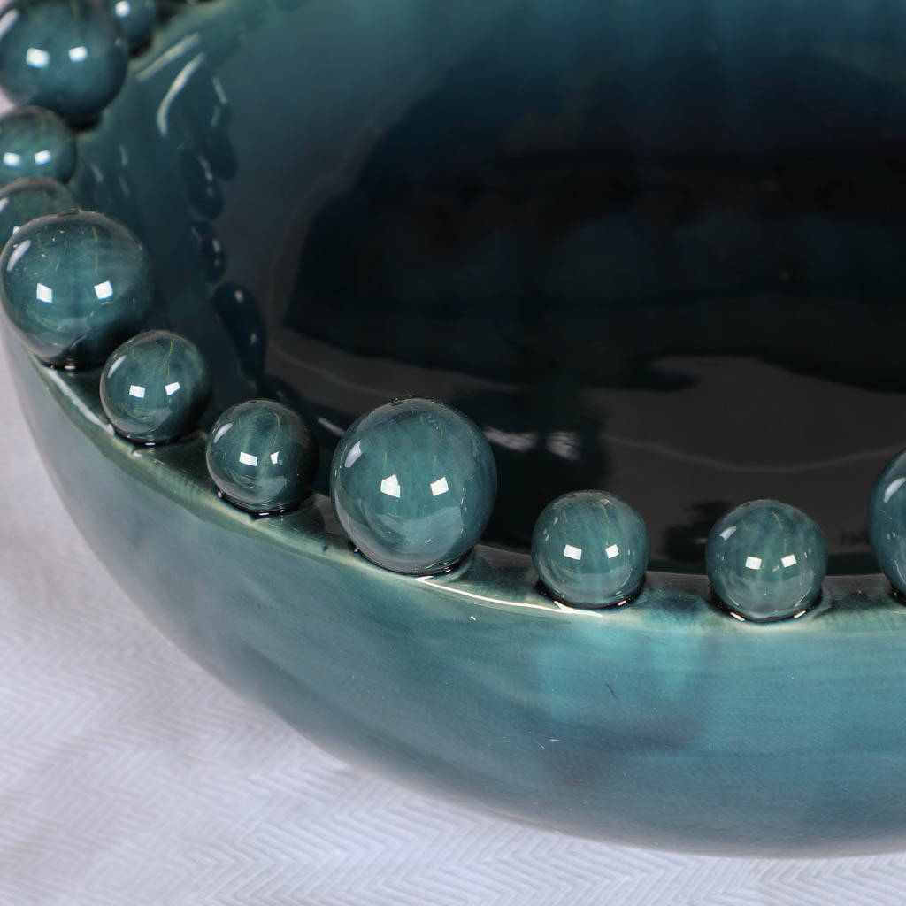 Deep Teal Decorative Beaded Ceramic Bowl By Dibor