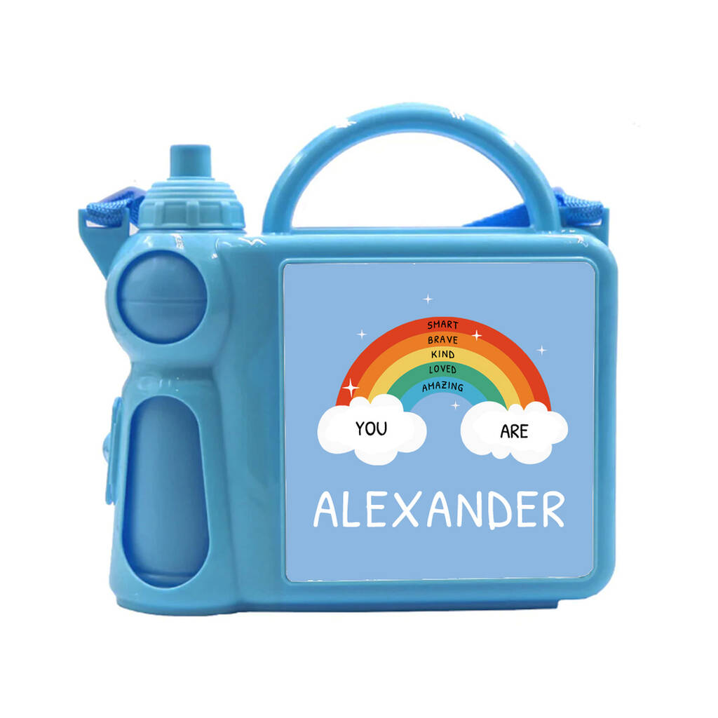Personalised Rainbow Lunch Box And Water Bottle Gift By Bella