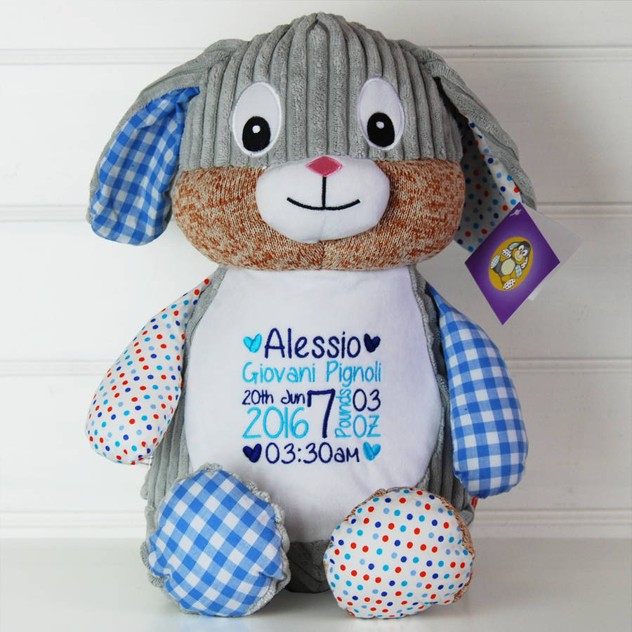 Personalised New Baby Harlequin Rabbit Soft Toy, 1 of 6