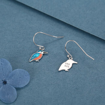 Sterling Silver Kingfisher Enamel Drop Earrings, 2 of 10