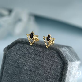 Sterling Silver Triangle And Black Marquise Cz Arrow Stud Earrings, 6 of 12