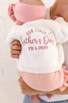 Our First Father's Day Embroidered Personalised Baby Cardigan Three Colours Available, 2 of 7