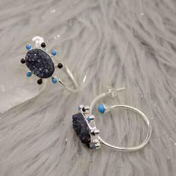 Black Onyx, Agate, Turquoise, Sterling Silver Hoop Earrings, 3 of 8