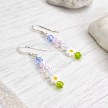 Blossom Beaded Dangly Drop Daisy Flower Earrings, 3 of 4