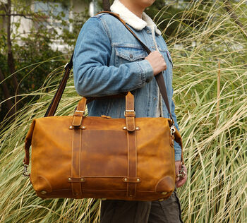 Genuine Leather Weekend Bag With Leather Straps Detail, 5 of 11
