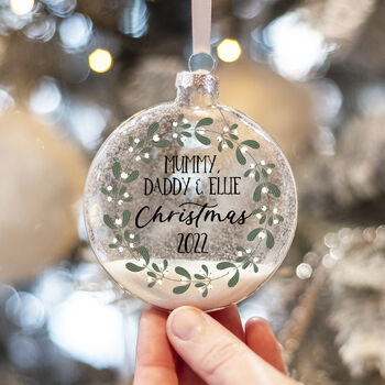 Personalised Mistletoe Wreath Christmas Tree Glitter Bauble, 2 of 5