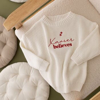 Personalised Name Believes Children's Christmas Knitted Jumper, 5 of 6