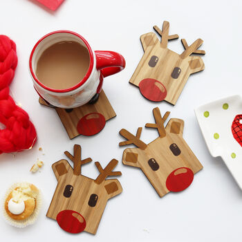Set Of Four Wooden Rudolph Reindeer Coasters, 6 of 8