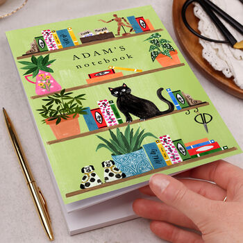 Personalised Notebook With Cat On Bookcase Green, 4 of 4