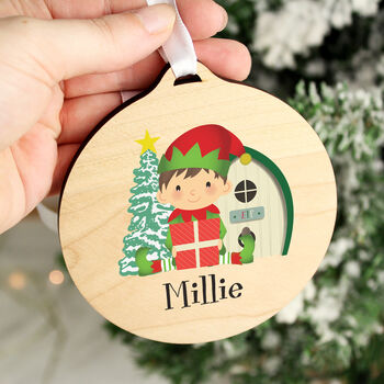 Personalised Elf Round Wooden Decoration, 4 of 5