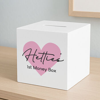 Personalised Pink Or Blue Heart Wooden Money Box, 6 of 6