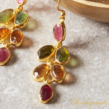 Multicoloured Tourmaline Pebble Shaped Leaf Drop Gold Earrings, 9 of 11