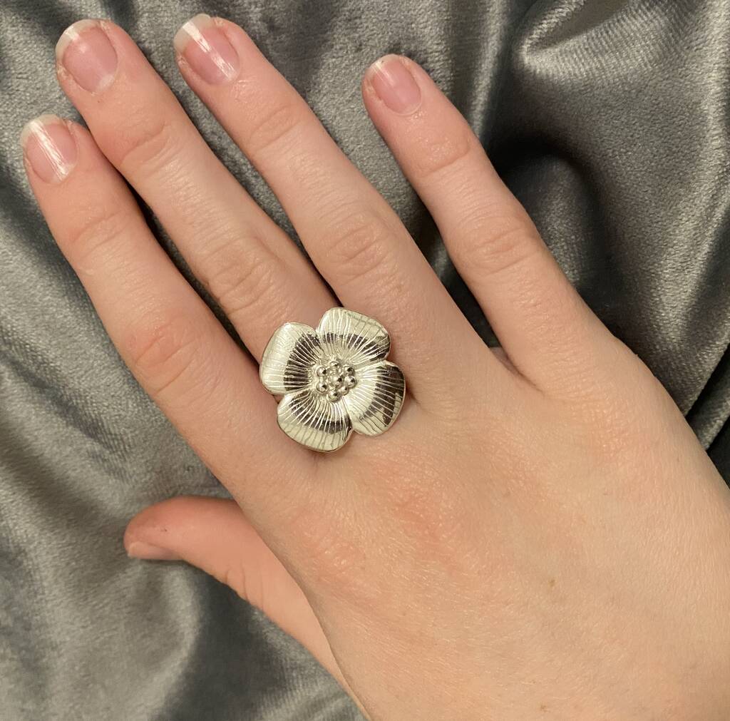 Silver Four Petal Flower Ring, Silver Floral Ring By Caroline Brook