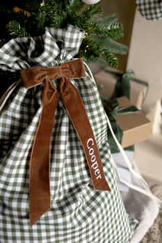 Personalised Green Gingham Gift Sack Velvet Bow, 2 of 5