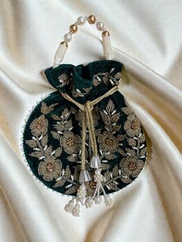 Handcrafted Emerald Green Velvet Potli Bag, 2 of 7