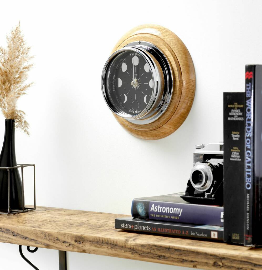 Moon Phase Clock Mounted On An English Oak Wall Mount, 1 of 9