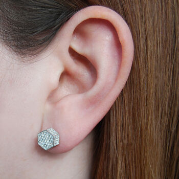 Reversible Pave Hexagon Stud Earrings In Sterling Silver, 6 of 9