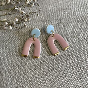 Pink And Baby Blue Ceramic Earrings 22k Gold Lustre, 3 of 3