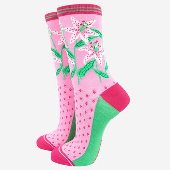 Women's White Lily Floral Print Bamboo Socks, 2 of 4