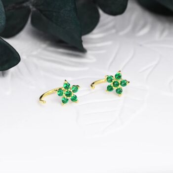 Emerald Green Forget Me Not Flower Cz Hoop Earrings, 3 of 10