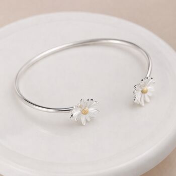 Sterling Silver Double Daisy Flower Cuff Bangle Bracelet, 3 of 6
