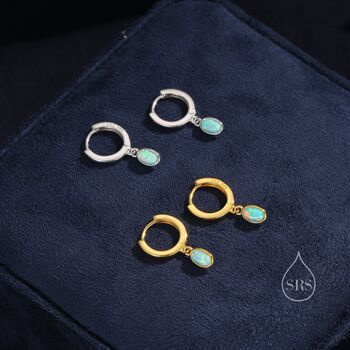 Sterling Silver Dangling Oval Aqua Green Opal Hoop Earrings, 4 of 12
