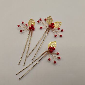 Red Berry And Gold Leaf Christmas Hair Pin Set – 3pcs, 8 of 12