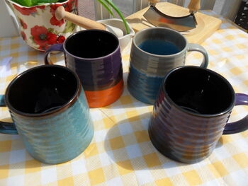 Set Of Four Reactive Glaze Brûlée Mugs In Assorted Alternative Glazes, 7 of 11
