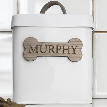 Personalised Farmhouse Pet Treat Tin With Walnut Nameplate, 5 of 7