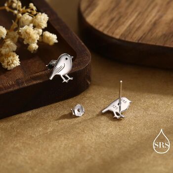 Chickadee Bird Stud Earrings In Sterling Silver, 3 of 10