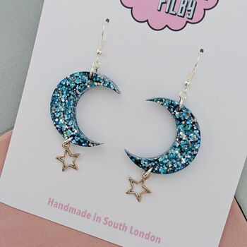 Sparkly Moon And Star Glitter Resin Earrings, 5 of 8