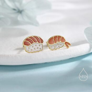 Mismatched Salmon And Prawn Sushi Stud Earrings In Sterling Silver, 4 of 12