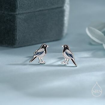 Sterling Silver Magpie Bird Stud Earrings With Enamel, 2 of 11