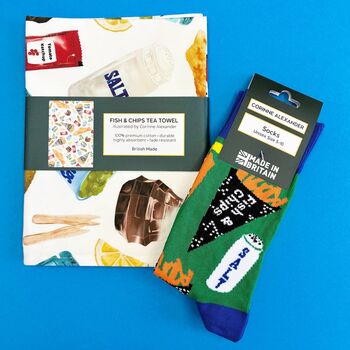 Fish And Chips Gift Set / Tea Towel And Socks / Foodie Birthday Gift, 8 of 8