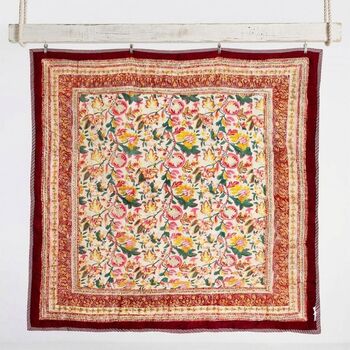 Deep Red, Green And Mustard Floral Indian Block Printed Cotton Bed Quilt, 4 of 9