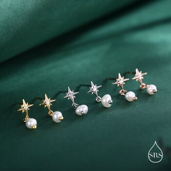 Starburst And Tiny Dangle Pearl Stud Earrings In Sterling Silver, 3 of 10