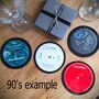 Set Of Four Vinyl Record Drink Coasters Decades 60's 70's 80's 90's 2000's Eighties Noughties Mats Retro Steam Punk Upcycled, thumbnail 6 of 12