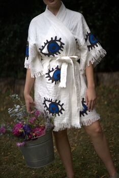 Organic Short Cotton Kimono: White With Dark Blue And Black Eye, 2 of 6