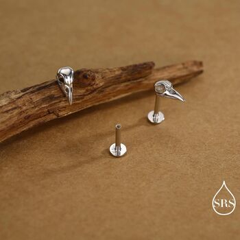 Sterling Silver Bird Skull Internally Threaded Flat Back Earrings, 3 of 12