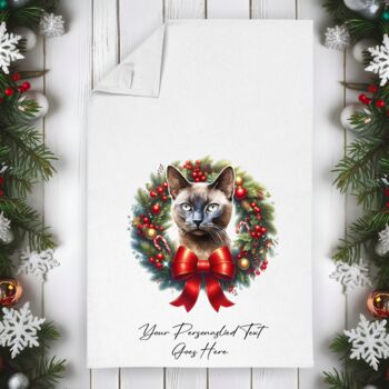 Personalised Cat In Christmas Wreath Gift Tea Towel, 3 of 12