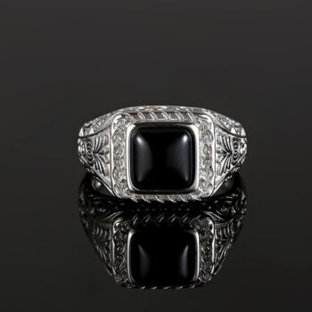 Men's Silver Black Quartz Gemstone Signet Ring, 5 of 12