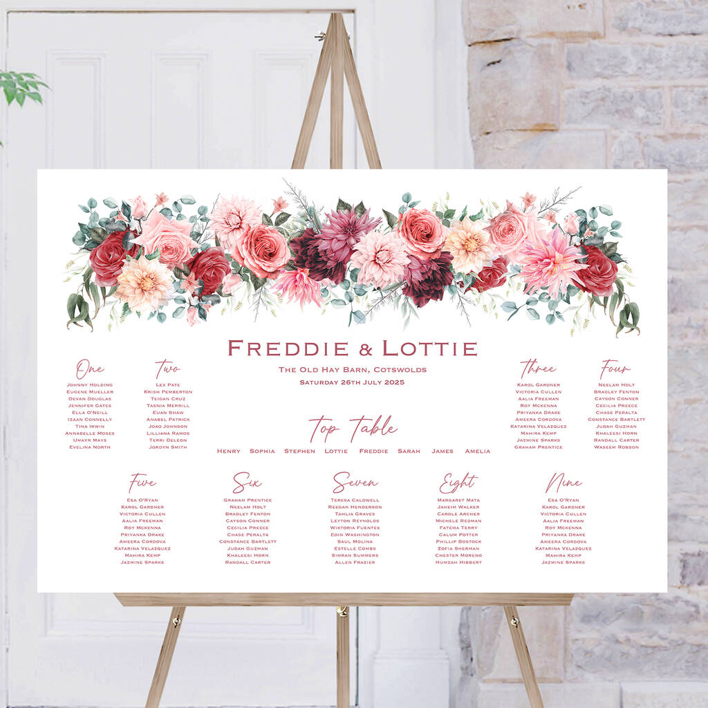 Wedding Table Plan Burgundy Red Pink Florals, 1 of 5