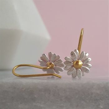 Two Tone Sterling Silver Small Daisy Drop Earrings, 2 of 2