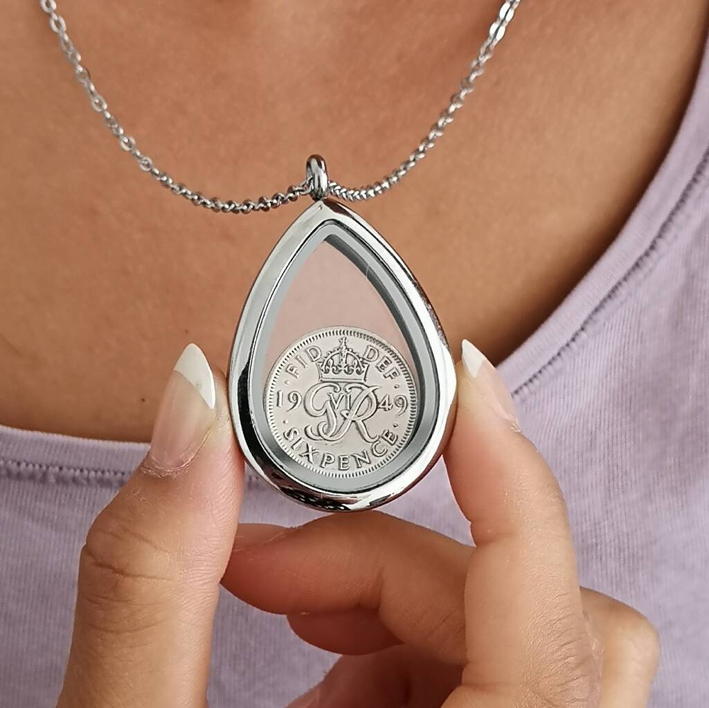Dates 1928 To 1967 Teardrop Sixpence Locket Necklace, 1 of 9