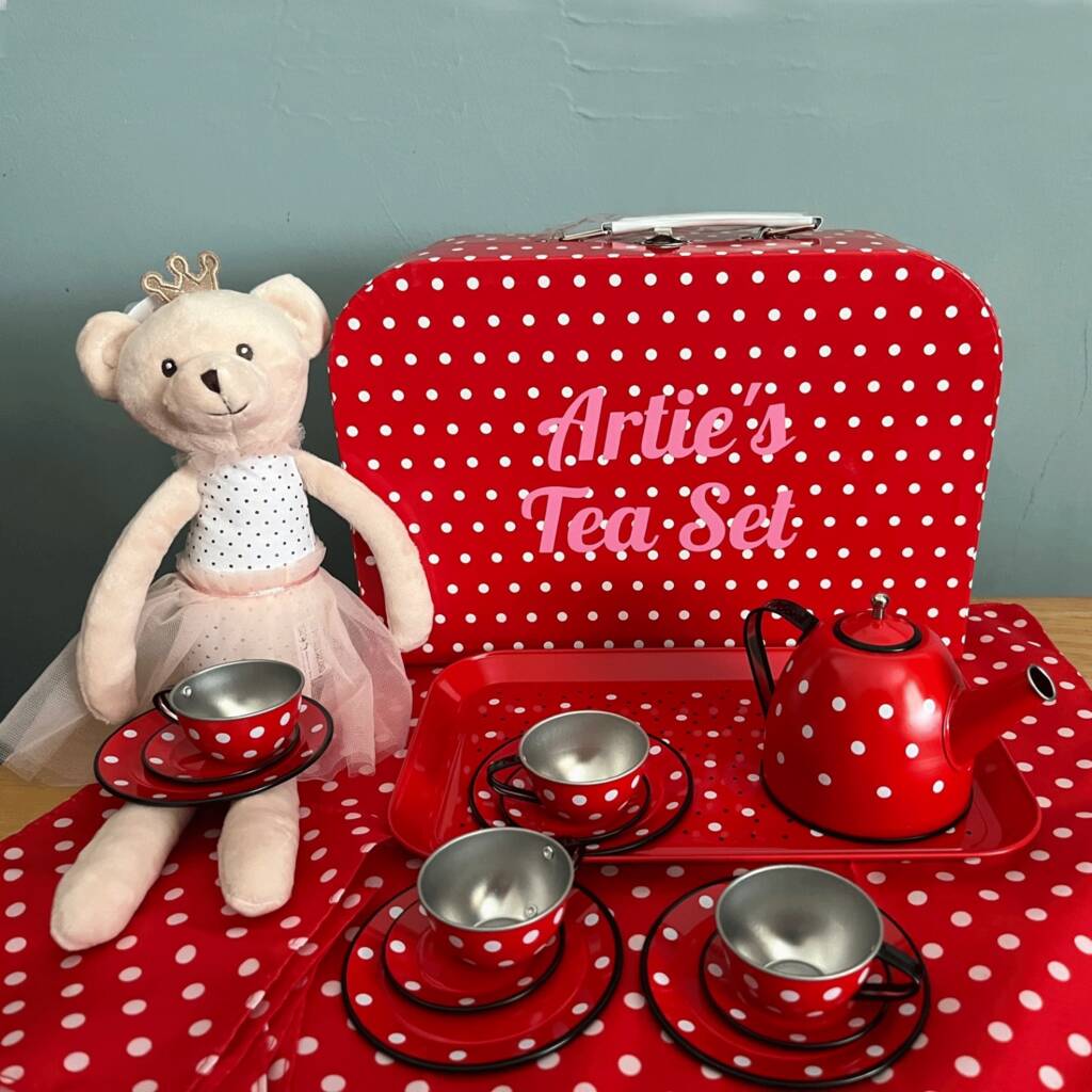 Metal Children's Tea Set In A Spotty Personalised Case By Oskar & Catie